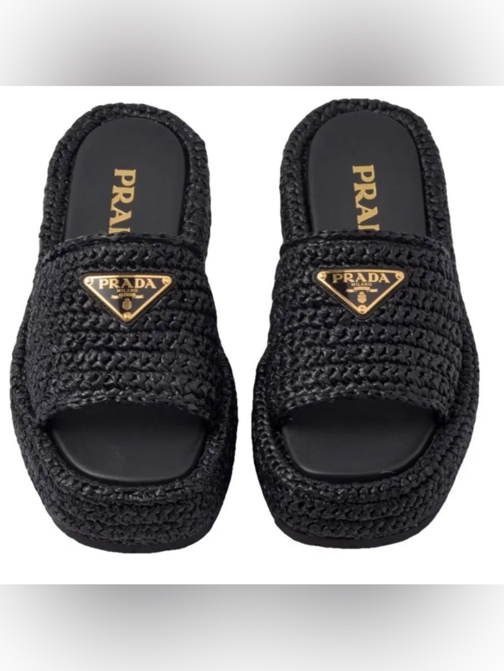PRADA Raffia Crochet Platform Slides Slip Sandals in black. Pre owned, Size 37.